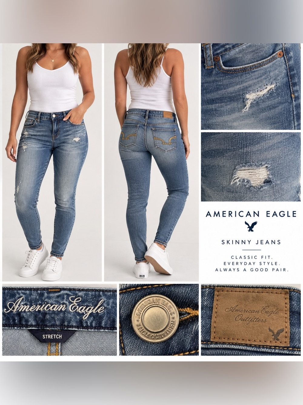 American Eagle Skinny Jeans Size 14 Distressed Stretch Medium Wash 31”